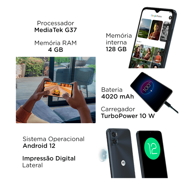 Smartphone Motorola Moto E22 XT2239-10, 128GB, 4GB RAM, 4G, Dual Chip,  Câmera Dupla 16+2MP + Selfie 5MP, Tela 6.5”, Android 12