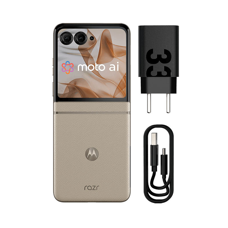 Smartphone-flip-cinza-com-carregador-turbopower-da-motorola-creme